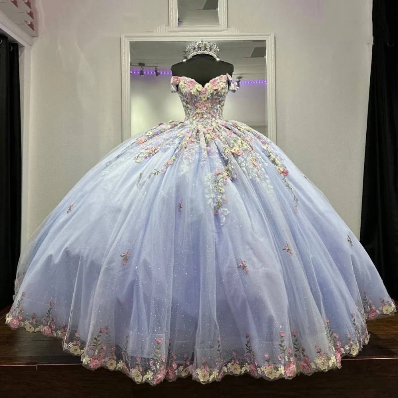 Lilac Princess Off The Shoulder Ball Gown Quinceanera 2024 With Appliques Tull Birthday Prom Dress For Girl Lace Up Back