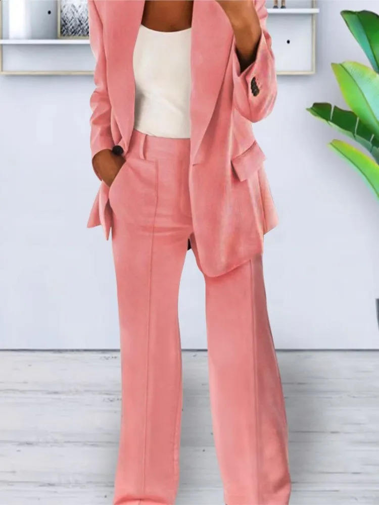 Autumn Winter Solid Color Blazer Women Long Sleeve Suit Simple Casual Pocket Fashion Temperament Female Office Pants 2 Piece Set 240826