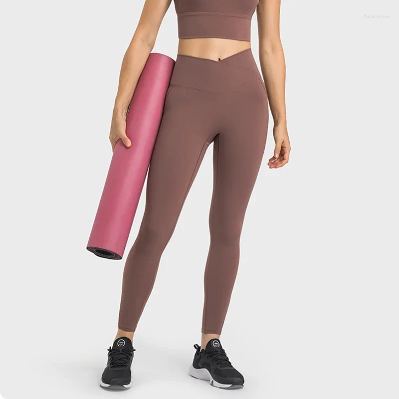 Women's Pants 25'' Inseam Cross Waist Yoga With Side Pocket No Front Seam Leggings Sports Gym Workout Push Up Tights For Women