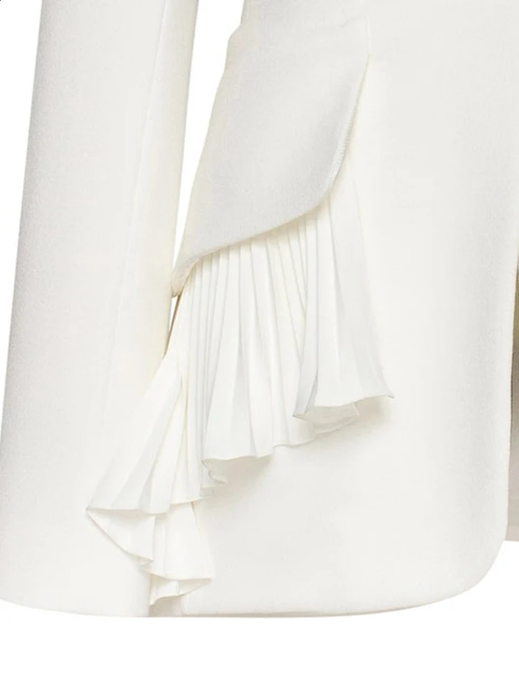 EAM Women White Irregular Pleated Ruffles Elegant Blazer Lapel Long Sleeve Jacket Fashion Spring Autumn 1DH4840 240826