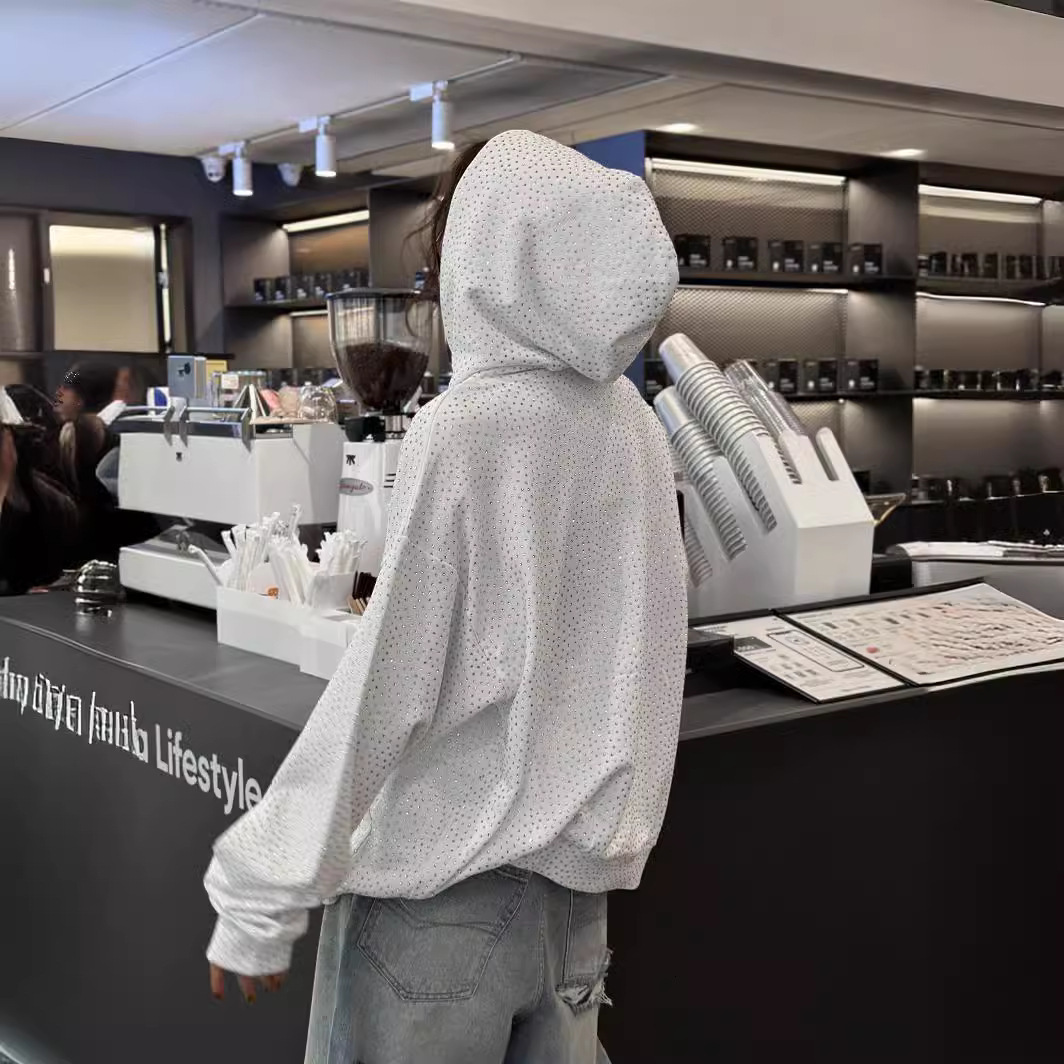 Spring/Summer New unisex Heavy Industry Full Body Hot Diamond Black/White Hooded Hoodie Coat