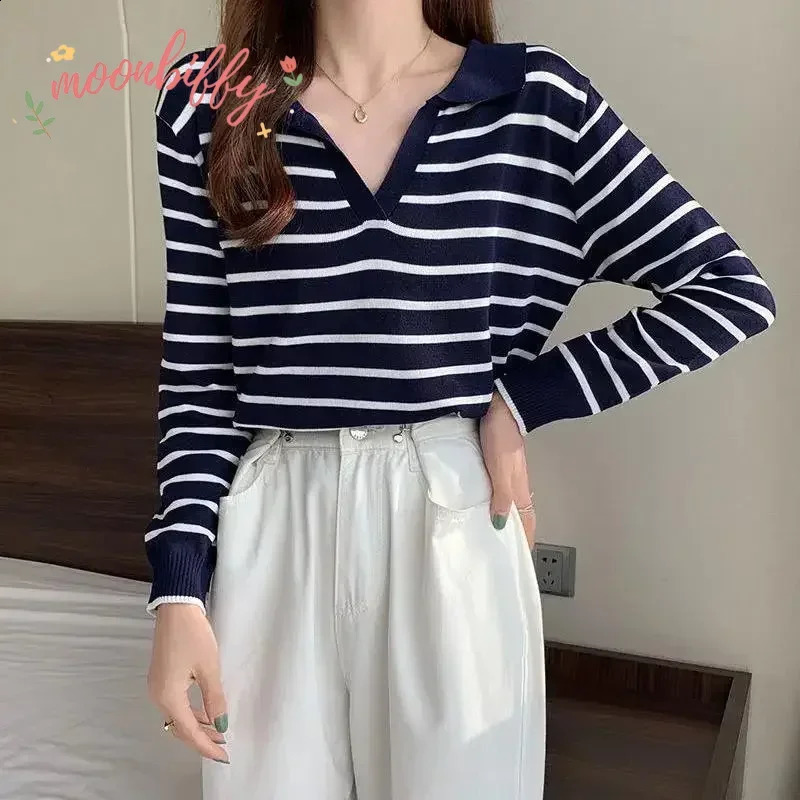 Striped V-neck pullover polo sweater for womens early autumn casual full matching top long sleeved knitted bottom sweater jumper 240827