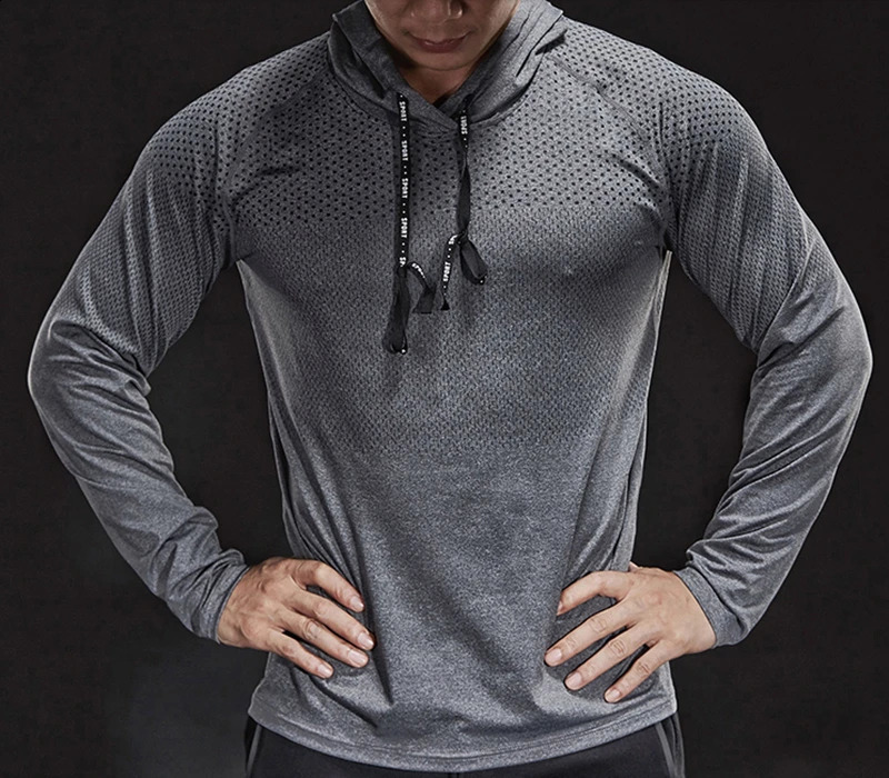 Autumn and winter thick running shirt mens long sleeved hooded gym Tshirt fitness training quick drying breathable sports 240827
