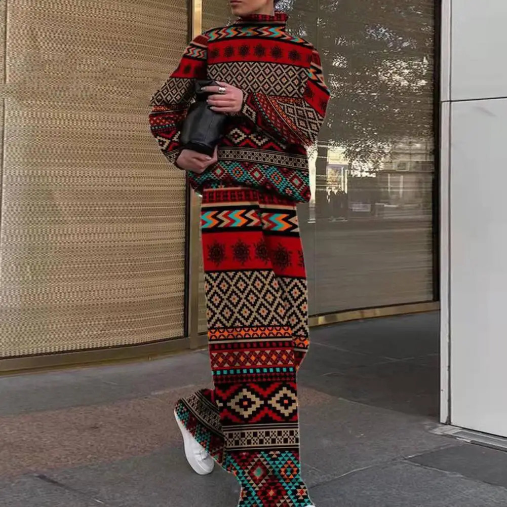 Turtleneck Rhombus Pant Sets Women Outfit Autumn Vintage Plaid Pullover High-Waist Straight Wide Leg Pants Blouse Trousers 240826