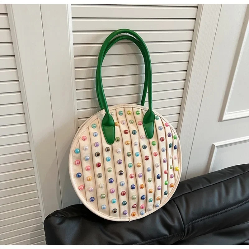 Colorful Rivet Canvas Circular Shoulder Bags Large Capacity Unique Casual Tote Bags for Women Fashion Style 240827