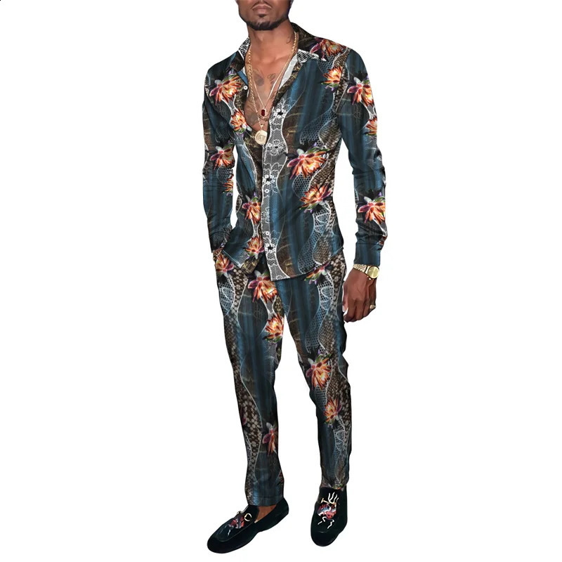 Spring and autumn animal snake skin 3D printed mens clothing set Tracksuit long sleeved shirt long pants two-piece clothing set 240827