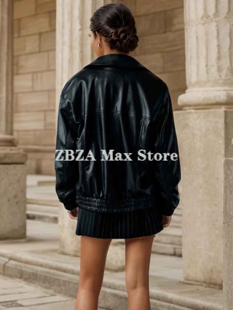 ZBZA Womens Artificial Leather Bomber Jacket with Collar Long Sleeve Zipper Pocket Elastic Hemp Coat Womens Fashion Coat 240827