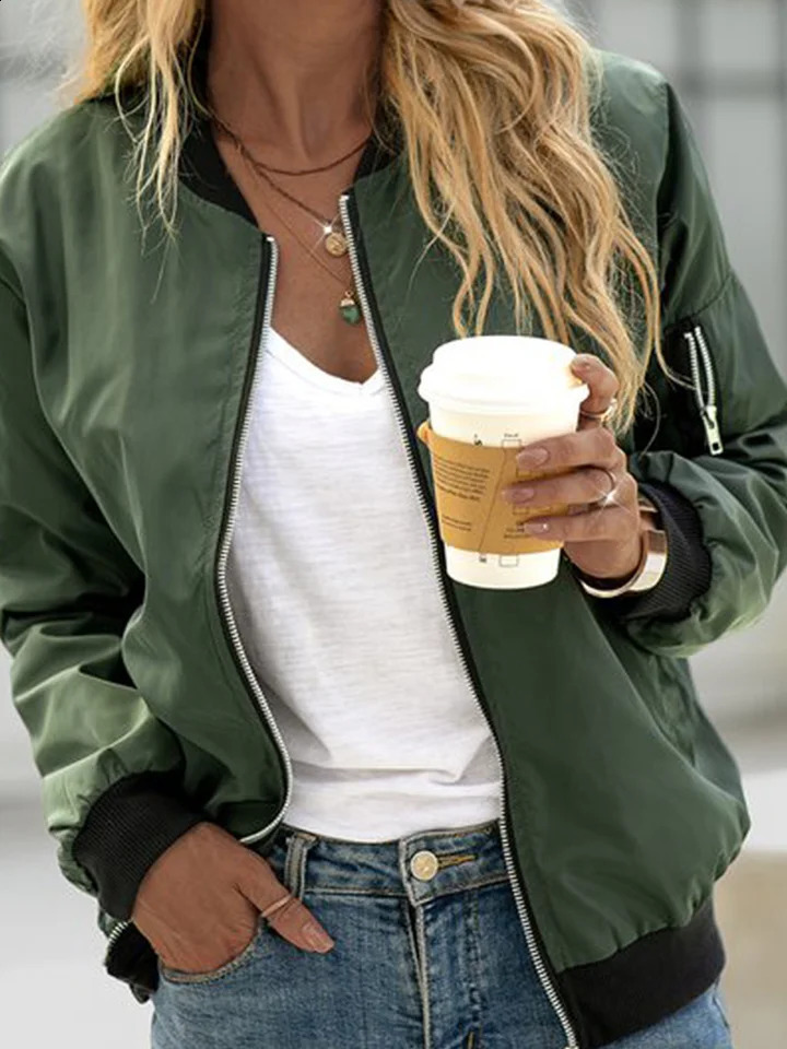 Solid color womens zipper pocket thin jacket elegant office long sleeved womens slim fit jacket autumn standing collar womens jacket 240827