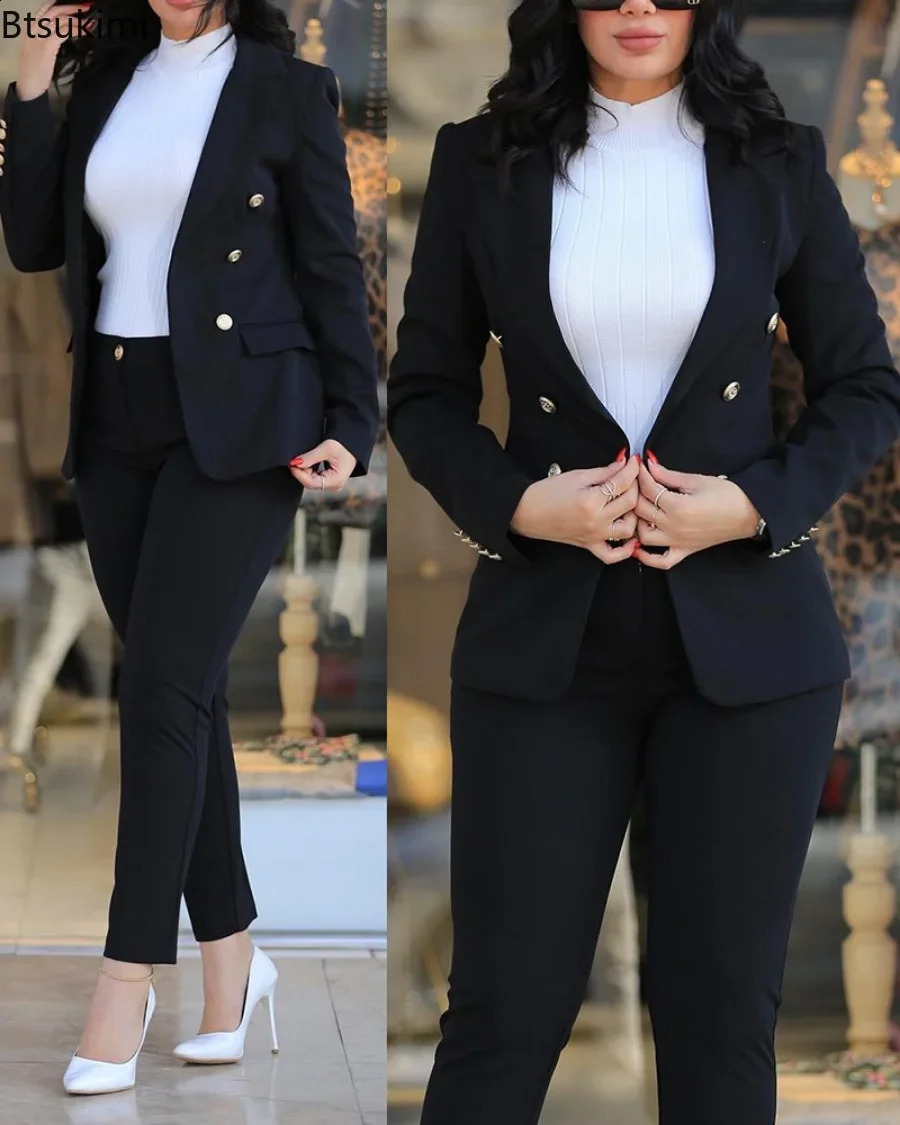 Womens Formal Office Pant Sets 2PCS Double Breasted Solid Blazers Jacket and Pants Two Pieces Set Female Pant Suits 240826
