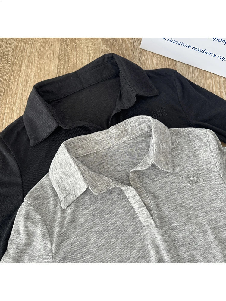 Autumn womens Harajuku fashion long sleeved T-shirt polo collar T-shirt crop top 2000s fashion Japanese Y2k fake two unique pieces 240827
