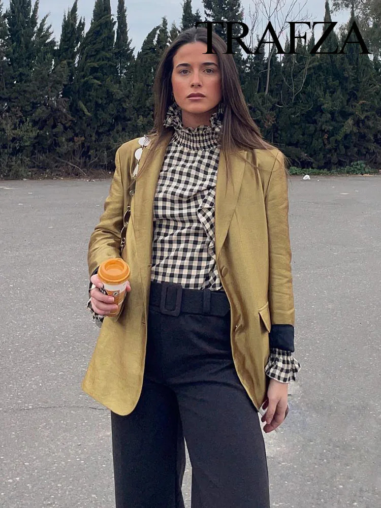 TRAFZA Autumn Womens Fashion Gold Blazer Retro V Neck Party Long Sleeve Button Up Womens Pocket Casual Blazer Chic Top 240826