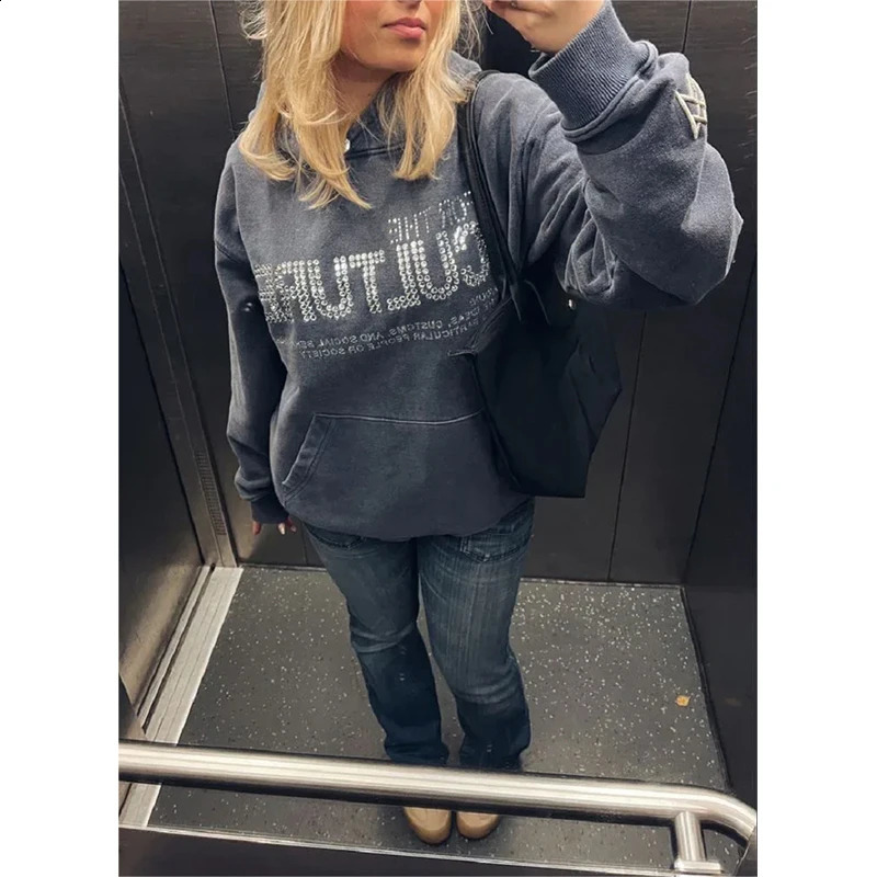 Womens Retro Harajuku Sports Diamond Decoration Hoodie Shirt Street Hip-Hop Gothic Letter Pattern Mens Casual Couple Top 240827