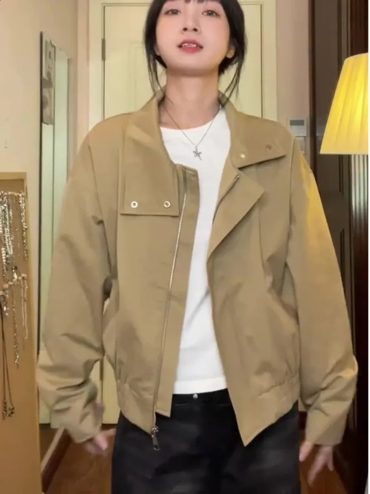 Vintage Cargo Baseball Jacket Women Loose Fitting Standing Collar Bomber Jacket Top Harajuku Lapels Spring Autumn Casual Coat 240827