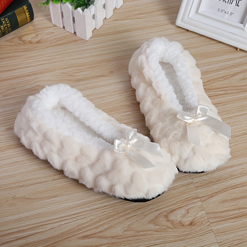 Cute Bowknot Plush House Slippers boots, Solid Color Slip On Fuzzy Flat Shoes, Winter Warm Home Floor Slippers booties