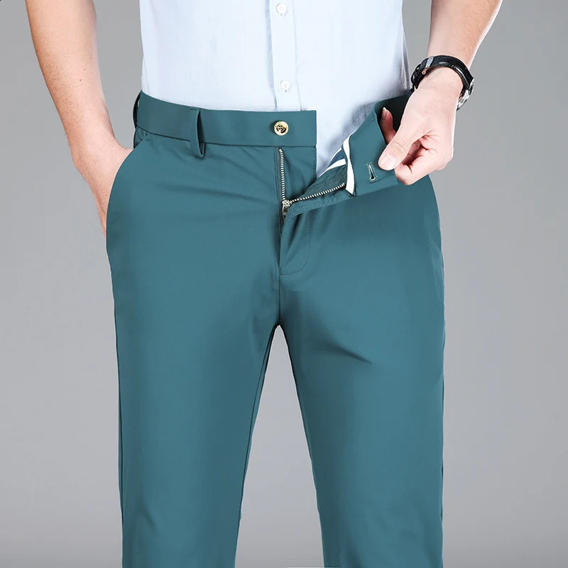 Spring Summer Mens Business Casual Long Suit Pants Male Army Green Blue Elastic Straight Formal Trousers Big Size 29-40 240827