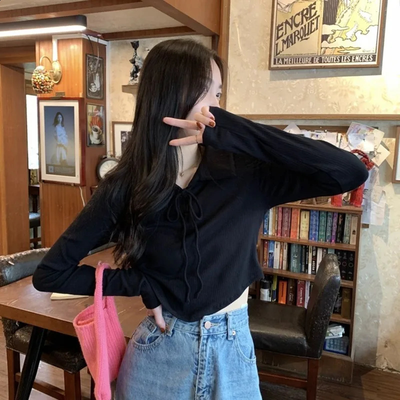 Crop top womens autumn T-shirt Y2k Korean fashion long sleeved T-shirt polo solid color T-shirt womens ultra-thin T-shirt lace clothes 240827