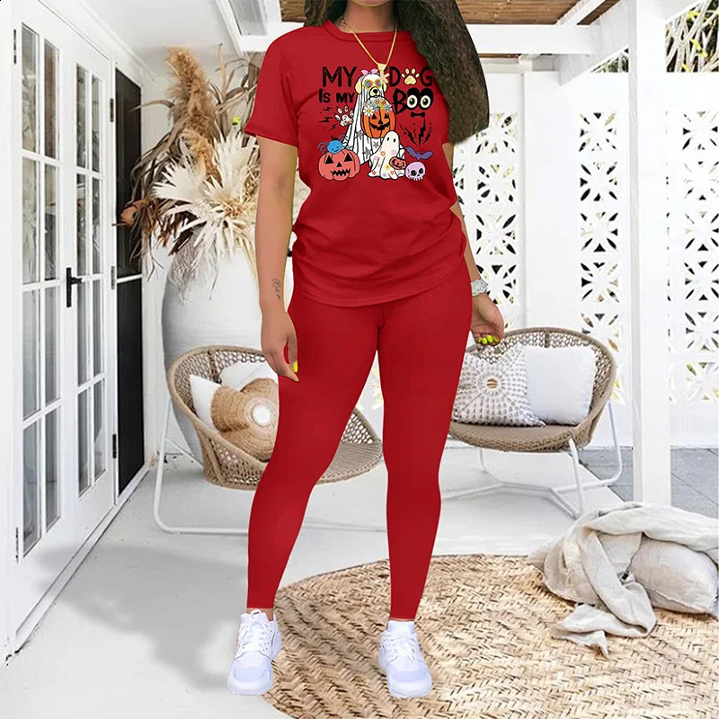 Halloween Dog Fashion Printed Two Piece Set Womens Casual Short sleeved T-shirt and Tight Summer Set 240827