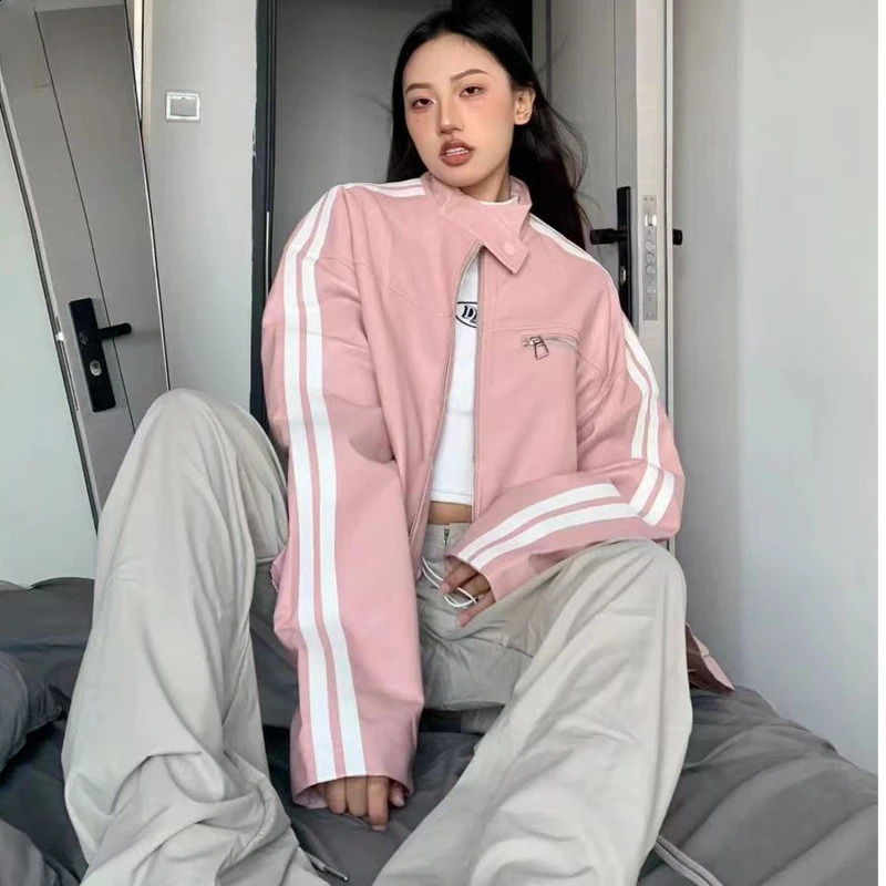 Black leather jacket striped womens bomber college racing car oversized jacket stylish zipper vintage American standing collar Pu jacket 240827