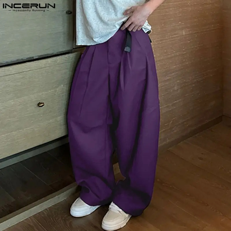 Mens Solid Color Button Jogger Loose Wrinkle Street Clothing Wide Leg Fashion Casual Pants S5XL INCERUN 240827