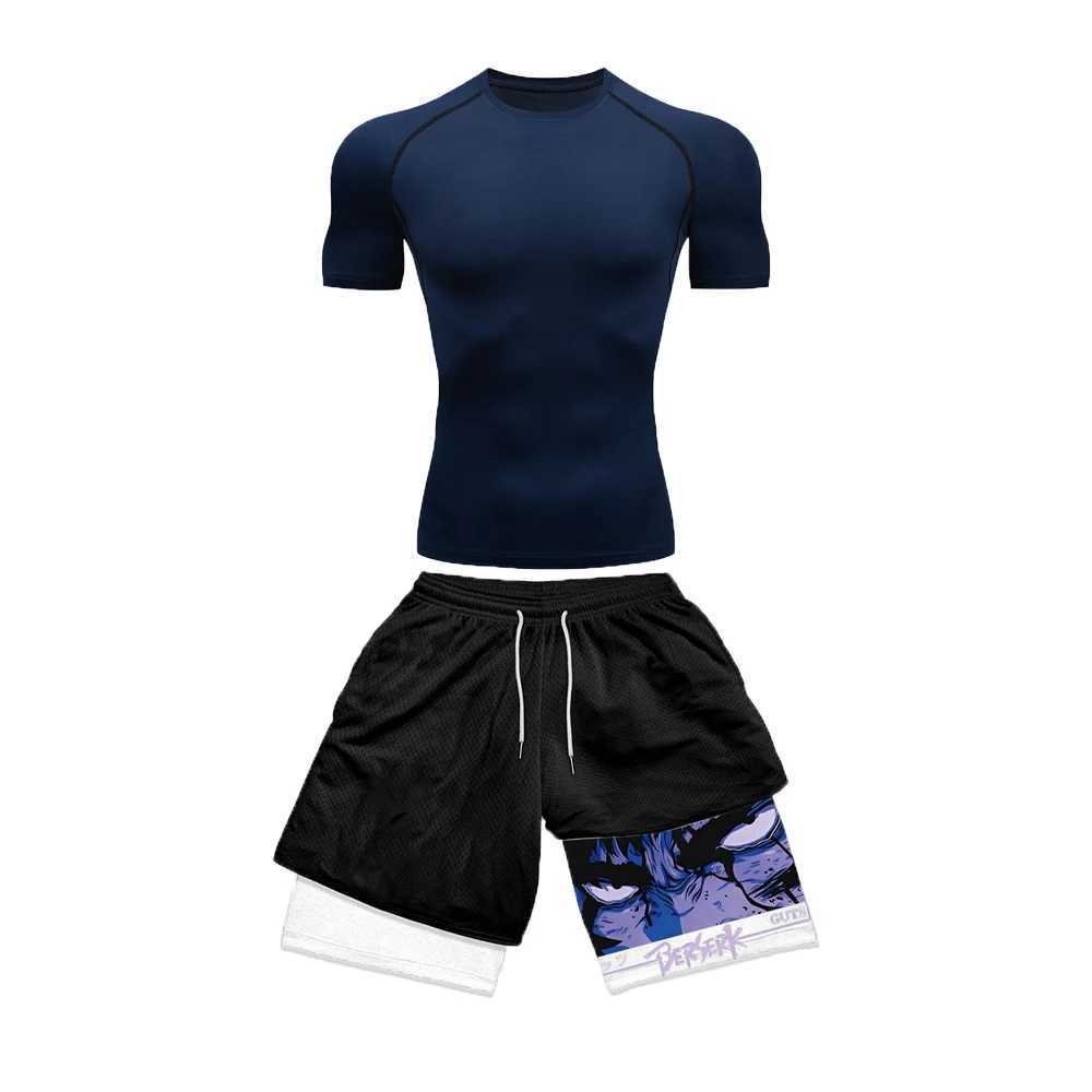 Mens compression set sportswear quick drying set tight short sleeved anime double-layer summer short sleeved X250129