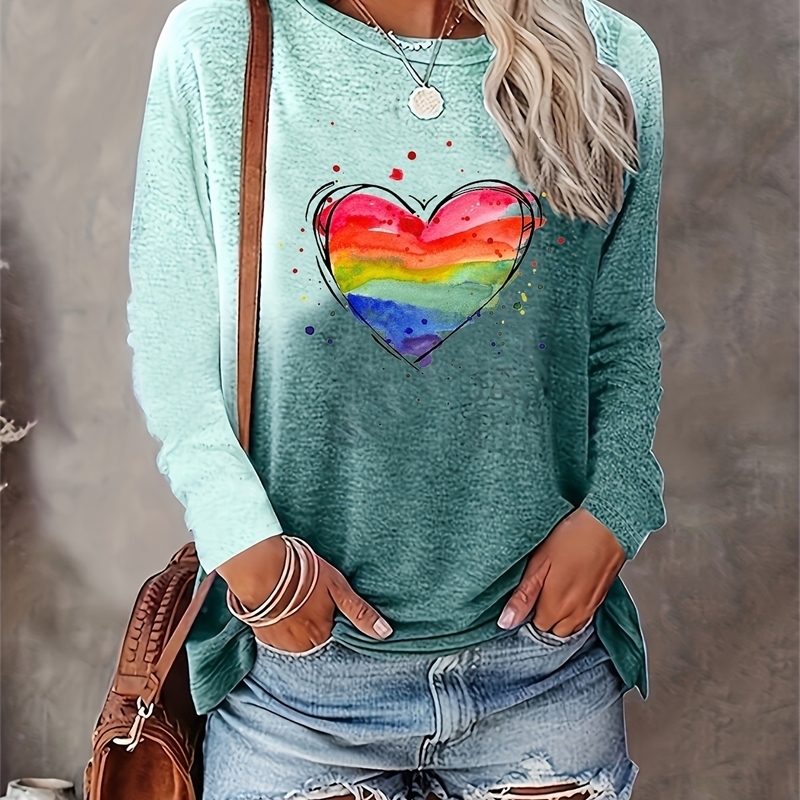 Rainbow print casual long sleeved crew collar T-shirt spring and summer womens clothing 240826