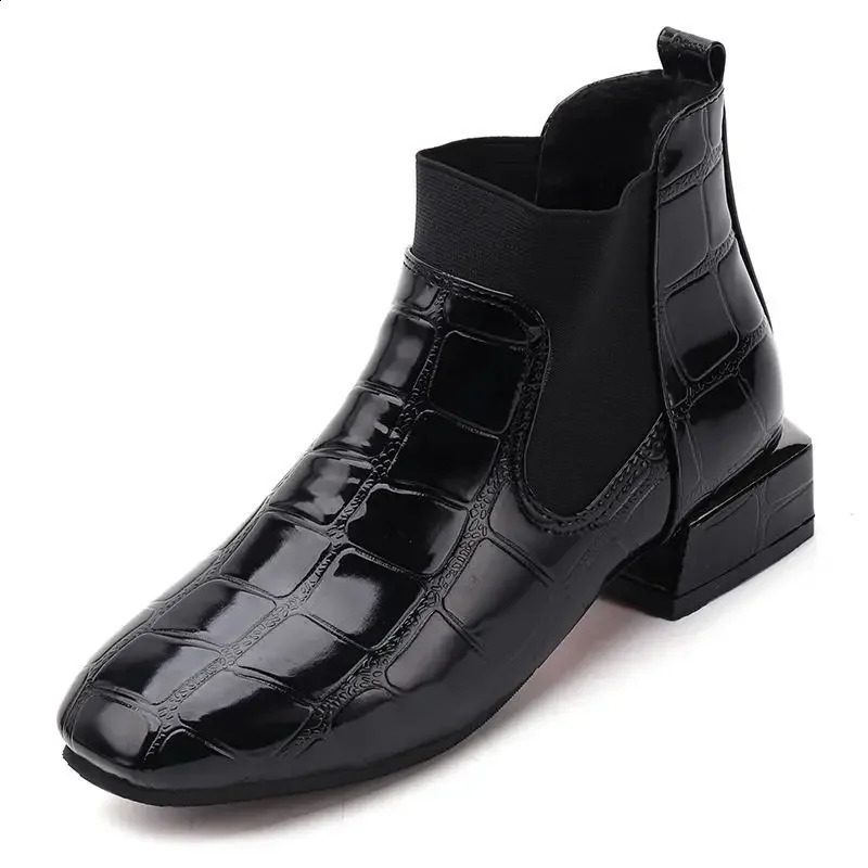 Chic Women Boots Shiny Pu Leather Autumn Winter Shoes Spuare Toe Block Heels Ankle Boots Female Botas Zapatos Mujer 240826