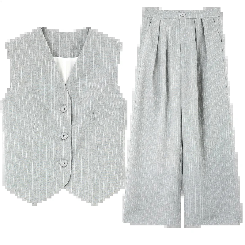 VIMLY Womens Summer Solid and Stripes Blazers Suits Sleeveless Elegant Cropped Blazer VestWide-Leg Pants 2Piece Set M7357 240826