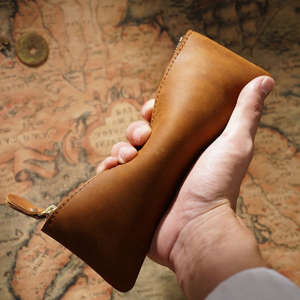 Vintage Genuine Leather Zippered Pencil Case Cowhide Stationery Organizer Pen Holder Writing Utensil Pouch Travel Accessory Bag 240826