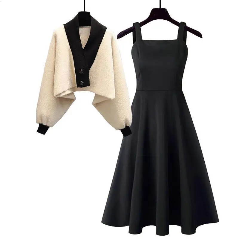 Autumn and winter womens clothing Korean style slim fit sweater casual dress elegant twopiece set 240827
