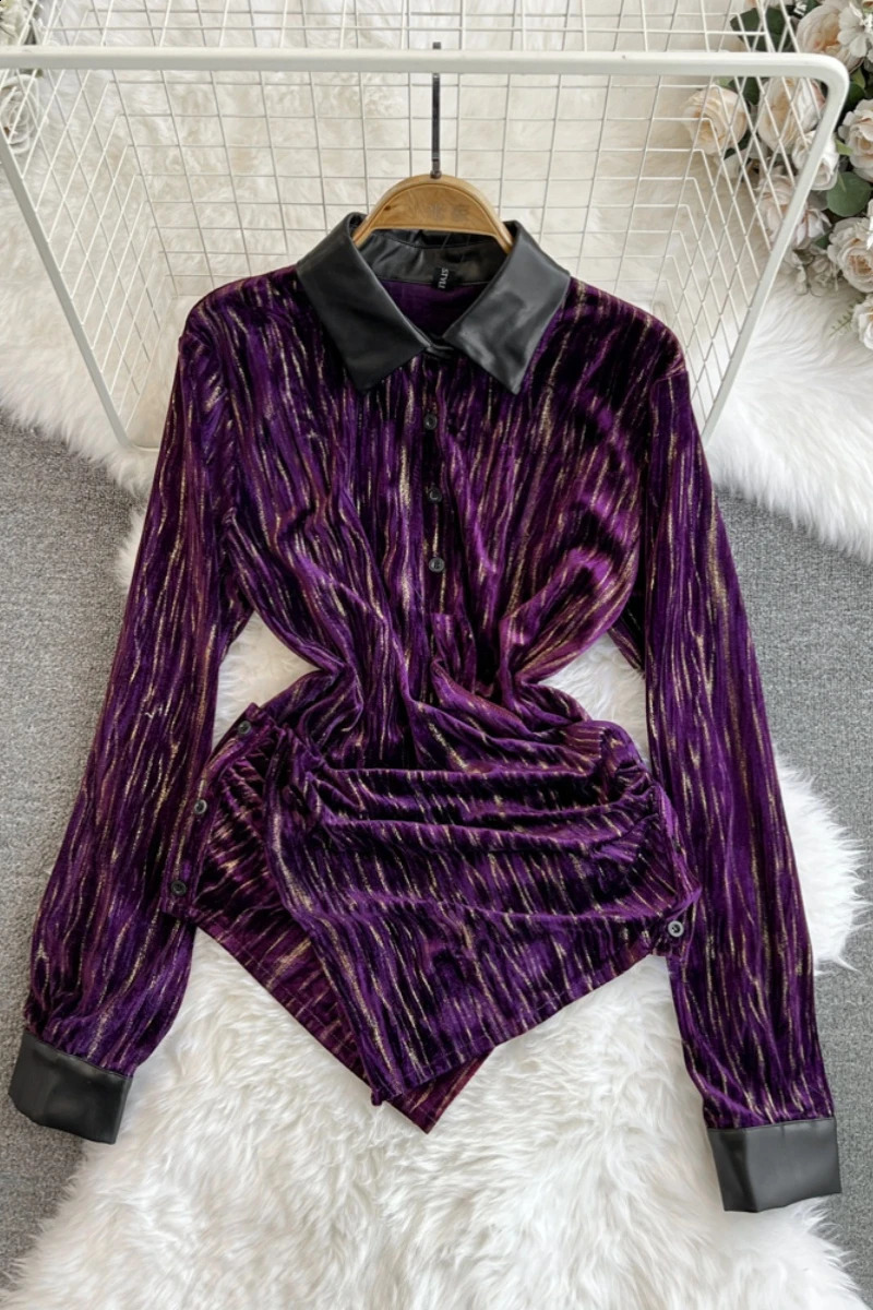 Spring and autumn fashion long sleeved polo neck ultra-thin slim fit irregular hem shiny silk shirt womens top Y2k 240827
