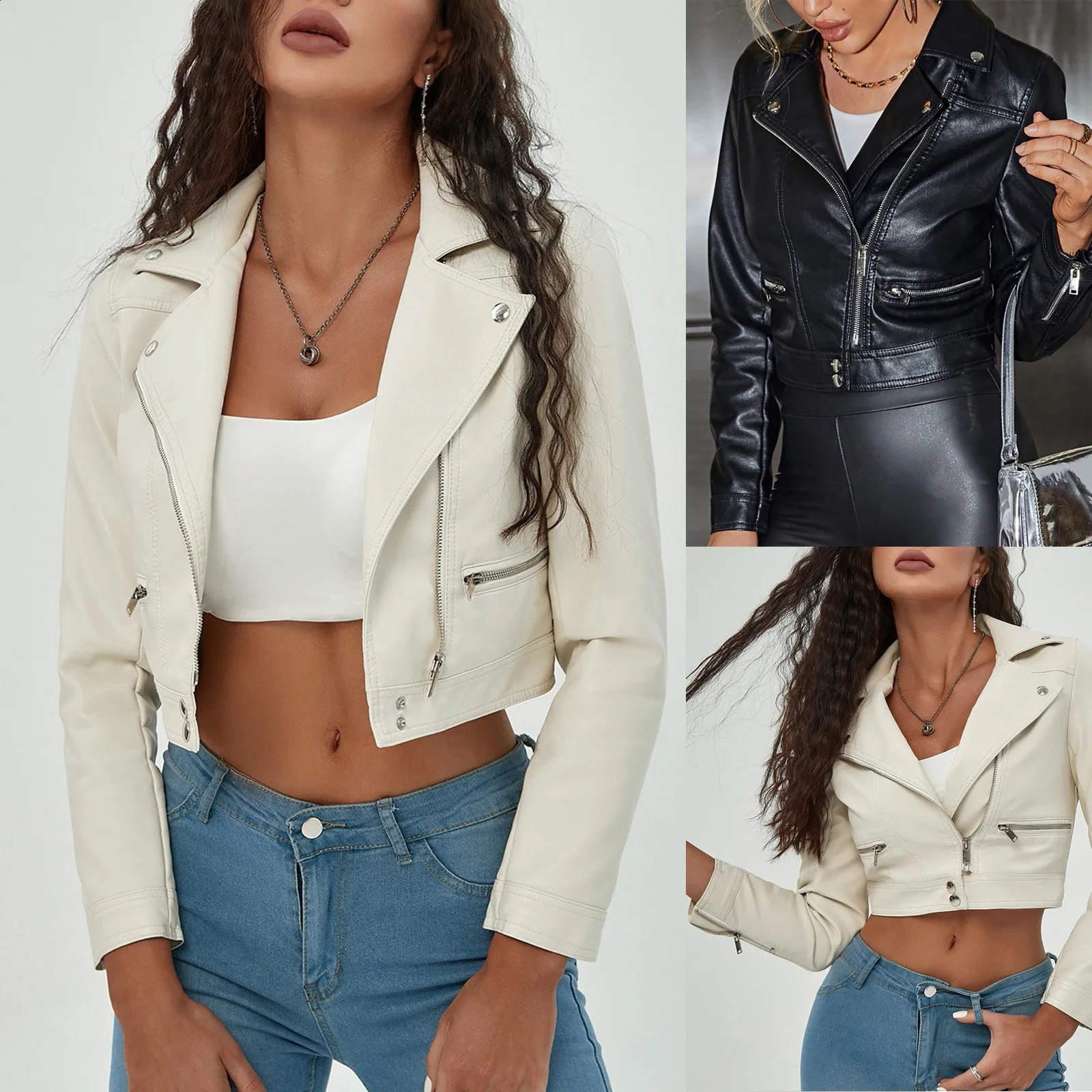 Autumn and Spring Womens Motorcycle Jacket Full Zipper Long Sleeve Solid Color Splicing Jacket 240827
