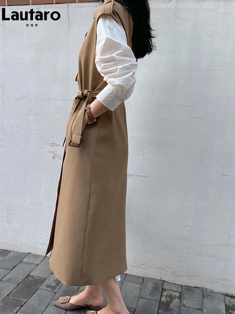 Lautaro Spring and Autumn long sleeved khaki sleeveless trench coat womens double straps loose casual vest ly arrived in 240826