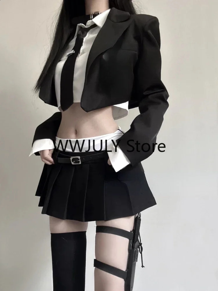 Vintage 3 Piece Set Skirt Woman Black Short Blazers Casual Shirt Slim Mini Skirt Party Korean Fashion Suit Female Chic 240826