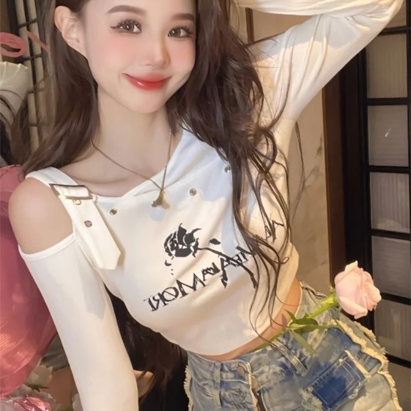 Irregular shoulder long sleeved fairy T-shirt Y2k aesthetic high waist cut top womens letter rose print Harajuku ultra-thin T-shirt 240826