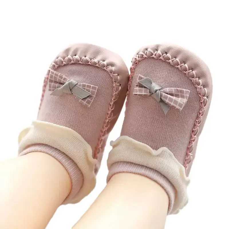Bow PU leather edge childrens shoes with adhesive dots anti slip newborn baby socks cute boys and girls soft soles skin friendly floor socks M240827