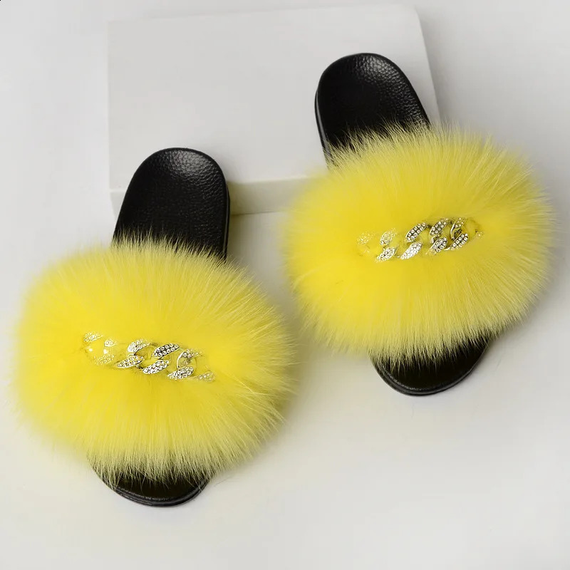Summer womens slider womens real fox fur slider indoor fuzzy plush flip flat sandals fluffy home shoes womens arrival 240827