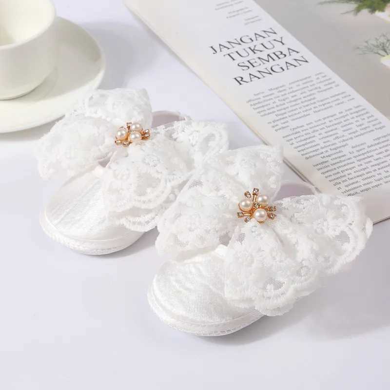 Baby girl flat shoes soft sole hollow bow tie pearl decoration anti slip first mover indoor outdoor toddler walking shoes M240827