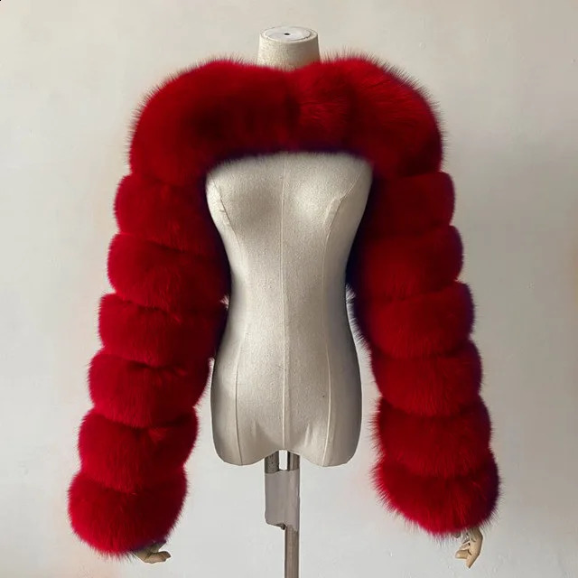 Womens ultra short synthetic fur leather jacket real raccoon silver red fashionable natural double sleeves 240826