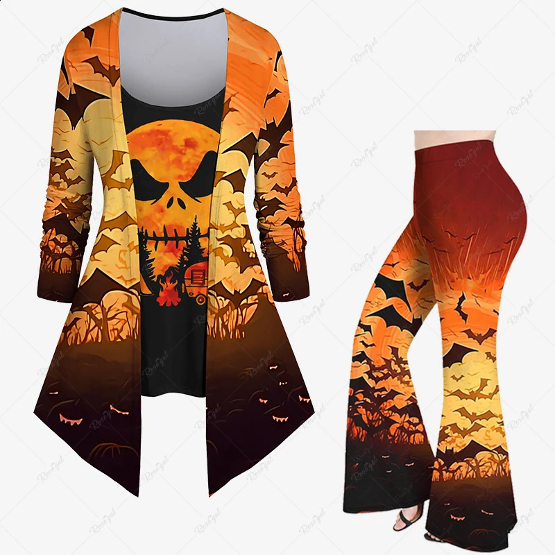 Autumn Halloween 3D Skeleton Rose Checkered Bird Pumpkin Bat Flame Printing 2-in-1 T-shirt or Flame Pants Daily Casual Set 240827
