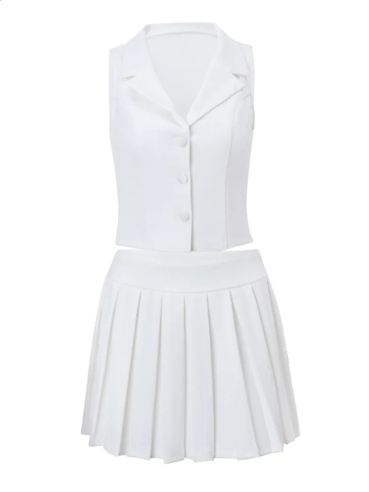 Eleagnt Pleated Waistcoat Skirts Sets Women White Deep V-neck Single Breasted Sleeveless Top Mini Skirt Female Suit Summer 240826