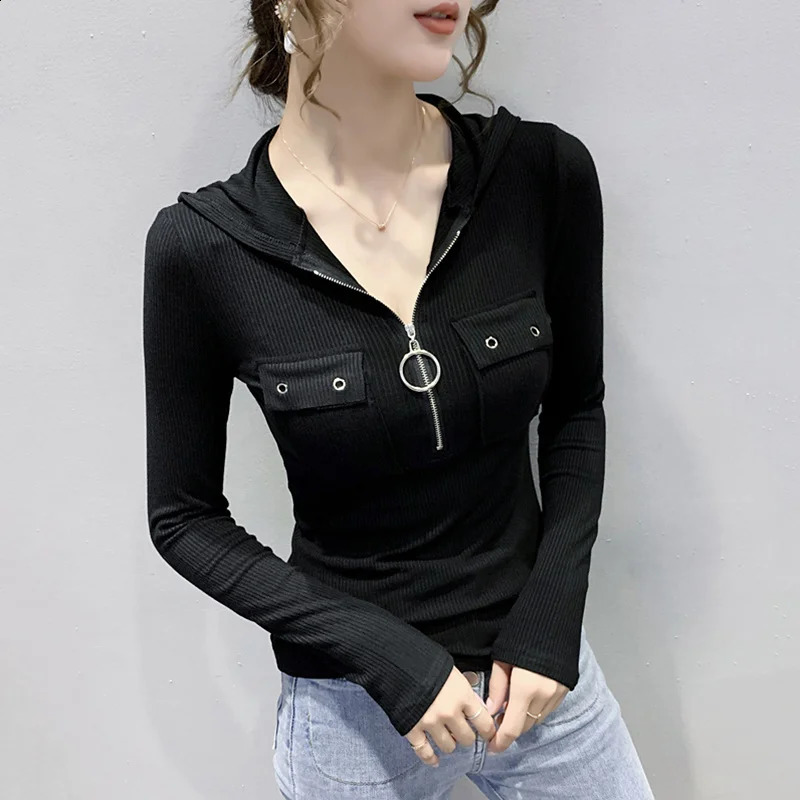 Wxw7914 black gray long sleeved hooded womens T-shirt zipper sexy street clothing short sleeved womens pocket elastic cotton ultra-thin 240827