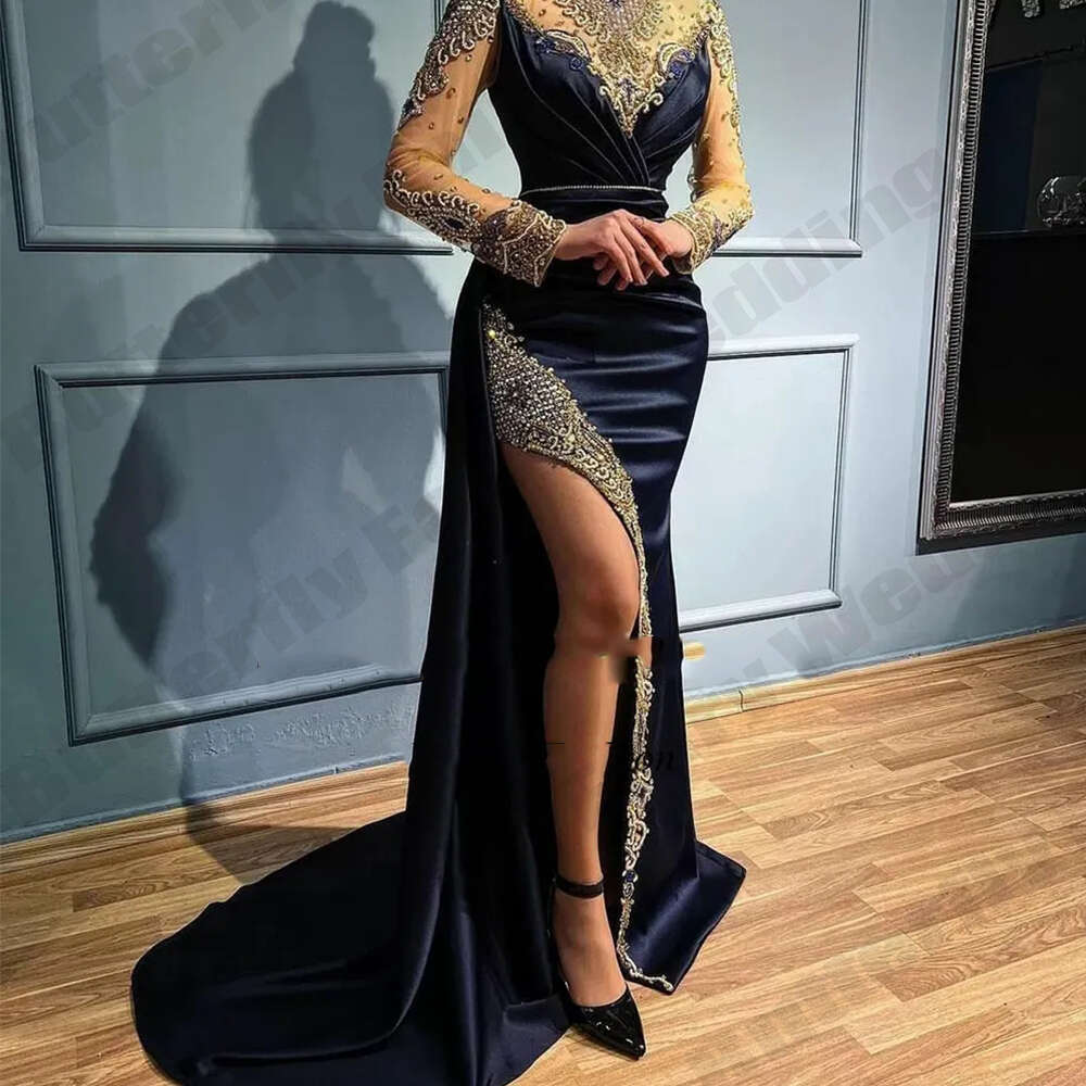 Pretty Lace Applique Women's Sequined Evening Long Sleeve Collar And High Split Elegant Mopping Dresses Summer