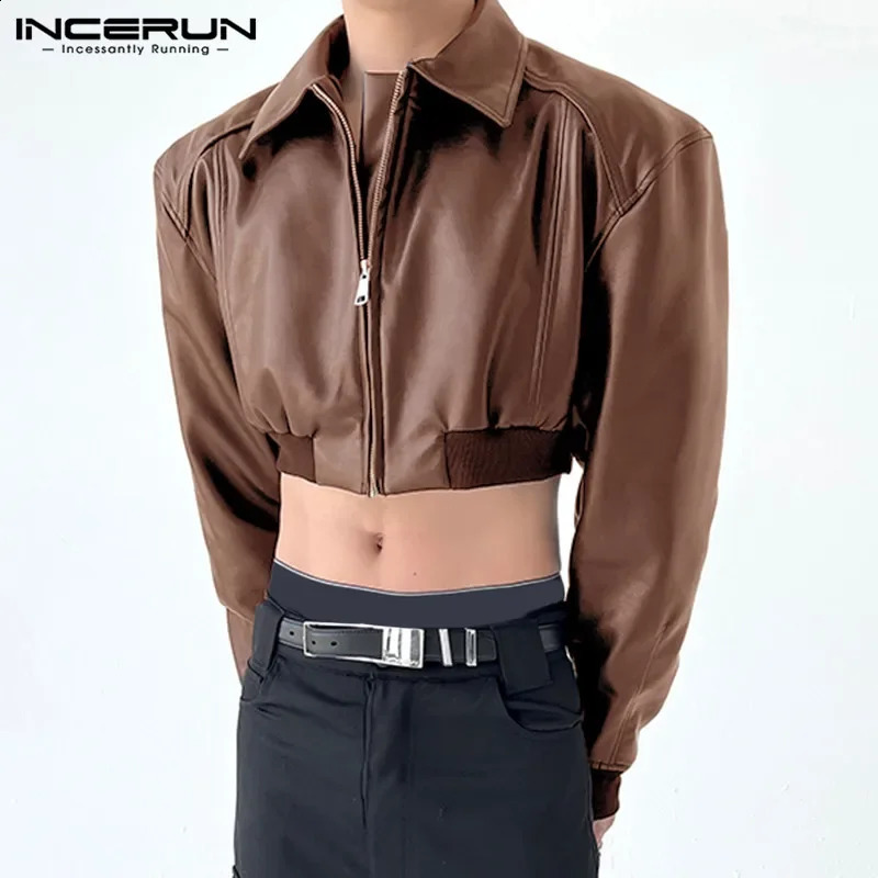 Men Jackets PU Leather Solid Color Lapel Long Sleeve Crop Coats Streetwear Zipper Fashion Casual Outerwear 240826