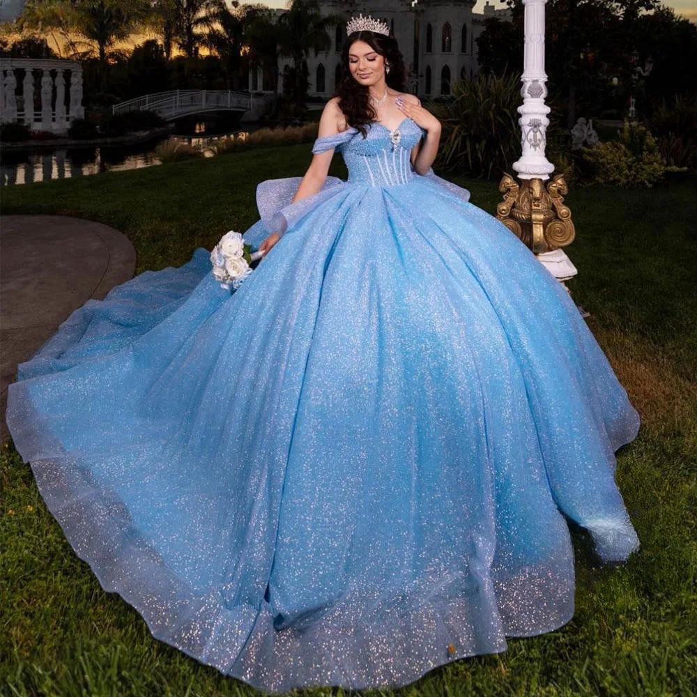 Shiny Off The Shoulder Quinceanera Dresses Ball Gowns Princess Pearl Beaded Tull Birthday Party Sweet 16 Dress Vestidos De 15 Anos