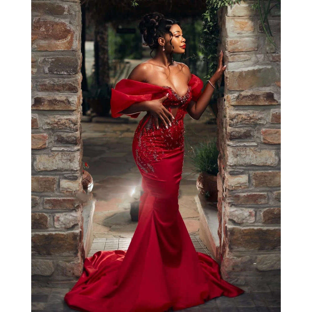 Vintage Red Mermaid Dree Style African Party Gown Beading Off Shoulder Formal Ocn Dre 1107