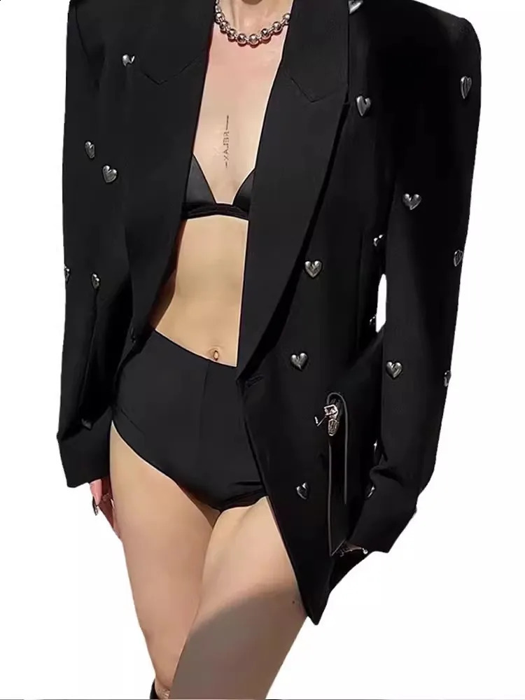 Spring Autumn Black Heavy Industry Dia-encrusted Suit Jacket Female High-end Sense Minority Street Blazer 240826