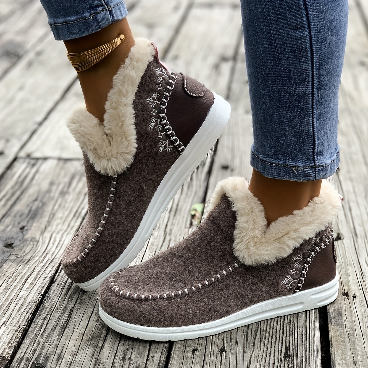 Women's Cozy Flannel Ankle Booties with Faux Fur Trim - Solid Color Slip-on Plain Toe Flat Heel Boots with Fabric Insole and TPR Sole - North Ame