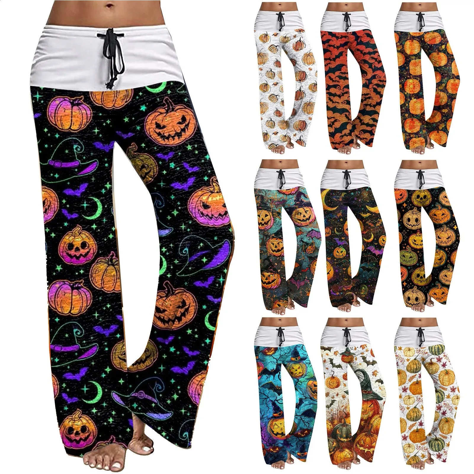 Womens casual lace wide leg pants Halloween printed womens casual pants 240827