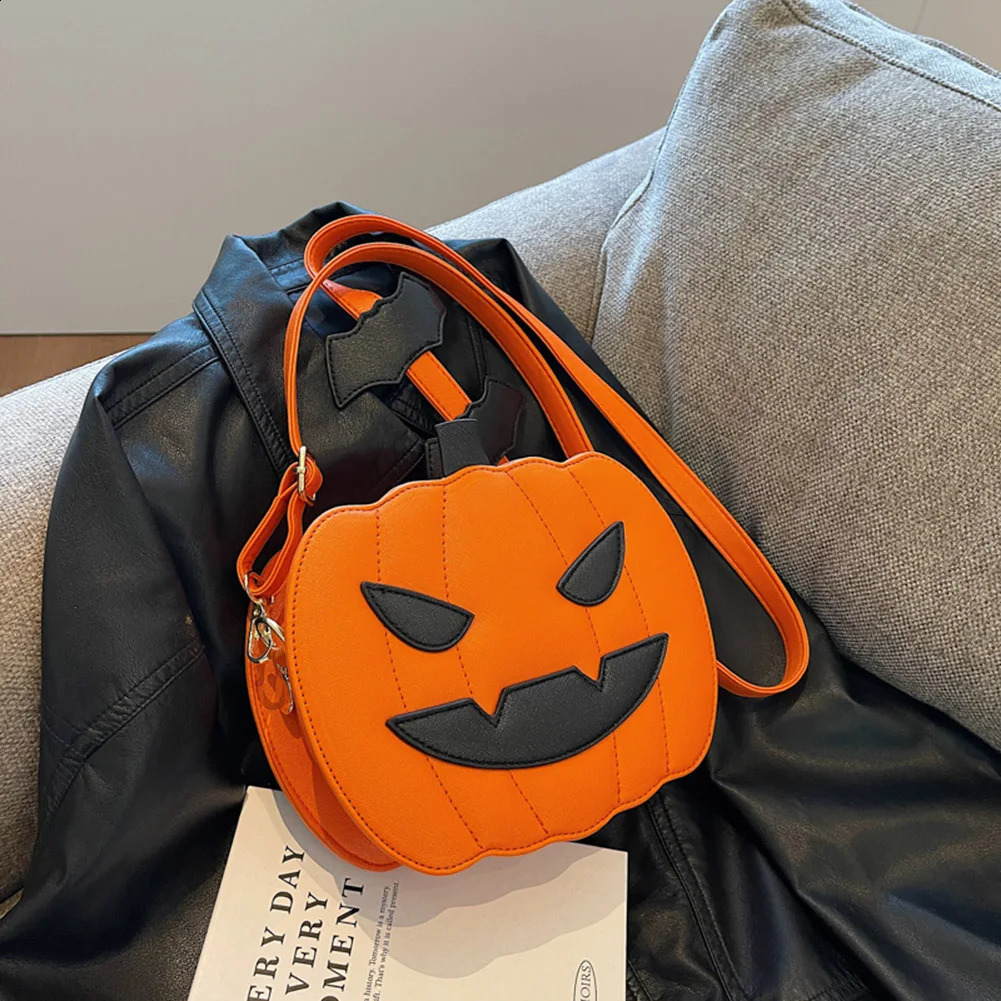 Womens pumpkin wallet PU leather demon messenger bag with zipper adjustable shoulder strap Halloween funny 240827