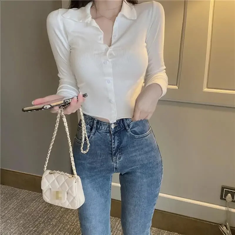 Long sleeved button down womens T-shirt ultra-thin Korean clothing top basic clothing trend 2025 polo neck womens T-shirt 240827